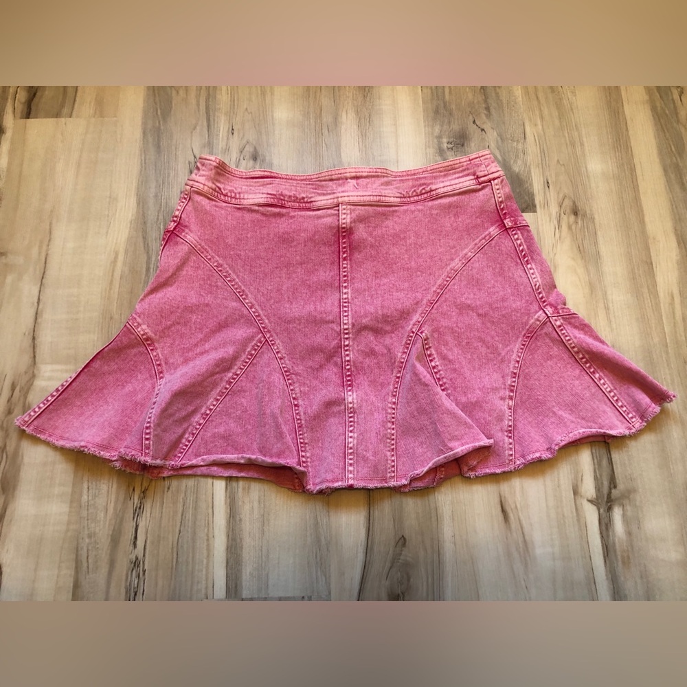 Pilcro Anthropologie Pink Denim Flare Mini Skirt Raw Hem Stretch Women's 14